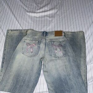 Aeropostale Light Blue Straight Leg Jeans with Pink Bow Accents